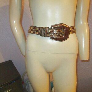 Vtg Carlos Falchi Leather Belt Size M Copper Metallic Woven Statement Old Money